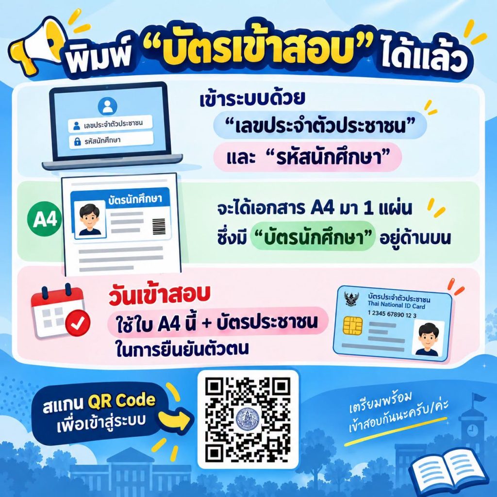 ประกาศ พิมพ์ “บัตรเข้าห้องสอบ”